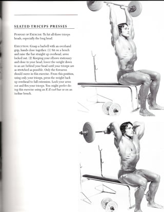 SEATED         TRICEPS          PRESSES

       PURPOSE OF EXERCISE: To       hit all three triceps
       heads, especially   the long head.

,      EXECUTION:Grasp a barbell with an overhand
       grip, hands close together. (1) Sit on a bench
       and raise the bar straight up overhead, arms
~      locked out. (2) Keeping your elbows stationary
       and close to your head, lower the weight down
,.     in an arc behind your head until your triceps are
11<.
       as stretched as possible. Only the forearms
       should move in this exercise. From this position,
III    using only your triceps, press the weight back
       up overhead to full extension. Lock your arms
       out and flex your triceps. You might prefer do-
       ing this exercise using an E-Z curl bar or on an
       incline bench.




I
 