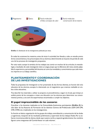█ Magnetismo   █ Óptica   █ Teoría molecular:     █ Teoría molecular:
                             el falso concepto de calor conservación de la materia




Gráfico 1. Distribución de las investigaciones publicadas por áreas.


En todas las ocasiones los maestros, antes de iniciar la actividad, han llevado a cabo un estudio previo
de los conocimientos y los preconceptos de sus alumnos, determinando así el punto de partida de cada
uno de los procesos de investigación propuestos.
Por esta razón, aunque la temática de los trabajos sea común en muchos de los artículos, la metodo-
logía y resultados de cada investigación tiene un sesgo propio que la diferencia del resto, siendo palpa-
bles la experiencia y personalidad del docente así como las novedades y conocimientos que cada maes-
tro imprime en su trabajo científico.


Planteamiento y coordinación
de las investigaciones
Todas las propuestas de investigación se han presentado de dos formas distintas, en función del ciclo
educativo de los alumnos, excepto la relacionada con el magnetismo que creemos realizable en am-
bos ciclos educativos.
Tras describir los materiales a utilizar se propone un procedimiento, a seguir en el aula, que incluye un
análisis previo de los conceptos a tratar, una discusión con los alumnos para determinar sus conoci-
mientos previos y una serie de experimentos encaminados a cumplir los objetivos.

El papel imprescindible de los asesores
Coordinar a los docentes implicados en las Comunidades Autónomas participantes (Gráfico 2) ha
sido labor de los Asesores de Formación de los distintos Centros del Profesorado (CEP, CAP, CPR,
CFIE, CFIRE, etc.) implicados en las investigaciones.
Su función es básica: organización de los grupos de trabajo, centralización y comunicación de las dudas
y sugerencias, recepción de los resultados preliminares y supervisión de los trabajos finales. Por su es-
fuerzo inconmensurable les damos, desde aquí, nuestro cariño y especial agradecimiento. Sus nombres
figuran como integrantes del Comité Asesor en cada volumen.

                                    Copia gratuita. Personal free copy   http://libros.csic.es


                                                                                                            9
 