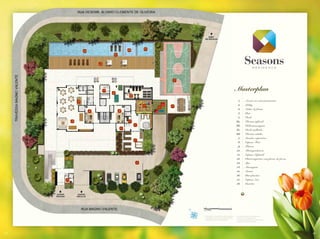 6a
                  6d                          6b
                                    6c


                           5



                                                                   7

                               16
                                    8
                                                                                                                            Masterplan
                                               9
              4                                                                                                              1.           Acesso ao estacionamento
                                                        10        12                                                         2.           Lobby
                                                             11
                                                                                                                             3.           Salão de festas
                       2                 2
                                                                                                                             4.           Bar
                                                                                                                             5.           Deck
          3                                   14                                                                            6a.           Piscina infantil
                                                   13                                                                       6b.           Hidromassagem
                                         15
                                                                                                                            6c.           Deck molhado
                                                                                                                            6d.           Piscina adulto
                                                                                                                             7.           Quadra esportiva
                                                   17
                                                                                                                             8.           Espaço Teen
                                                                                                                             9.           Fitness
                                                                                                                            10.           Brinquedoteca
                                                                                                                            11.           Espaço Infantil
                                                                                                                            12.           Churrasqueira com forno de pizza
                                                    1                                                                       13.           Spa
                                                                                                                            14.           Massagem
                                                                                                                            15.           Sauna
                                                                                                                            16.           Bar piscina
     18                                                                                                                     17.           Espaço Zen
                                                                                                                            18.           Guarita




                                                                       1. A decoração e acessórios são meras sugestões;     3. Os pilares poderão sofrer alterações de
                                                                       2. As esquadrias, as cores dos materiais e pilares      acordo com o projeto estrutural.
                                                                          nesta planta poderão sofrer alterações;           4. Os materiais de acabamento indicados nesta
                                                                                                                               planta são meramente ilustrativos;




28                                                                                                                                                                           29
 