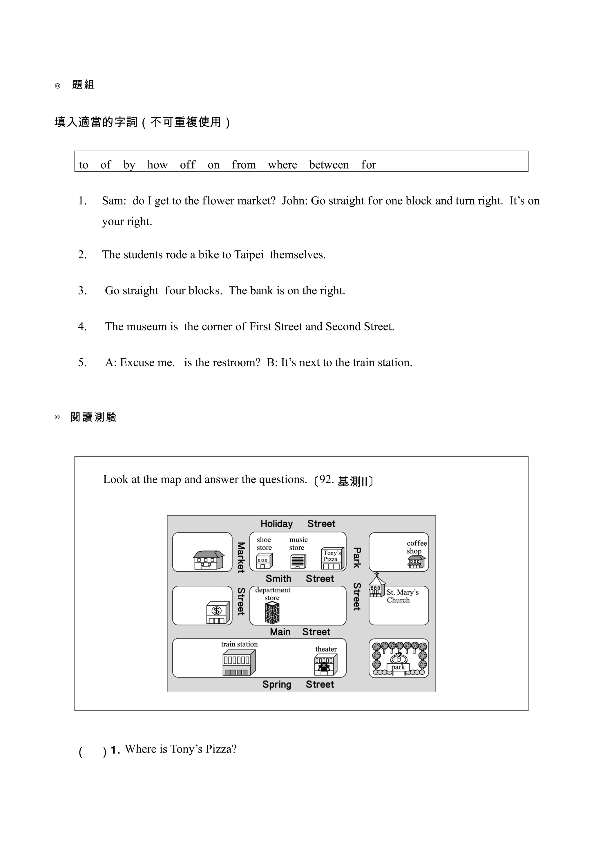 ◎ 題組


填入適當的字詞（不可重複使用）


  to　of 　by　how　off 　on　from　where　between　for


  1.   Sam: do I get to the flower market? John: Go straight for one block and turn right. It’s on
       your right.

  2.   The students rode a bike to Taipei themselves.


  3.   　Go straight four blocks. The bank is on the right.

  4.   　The museum is the corner of First Street and Second Street.

  5.   　A: Excuse me. is the restroom? B: It’s next to the train station.



◎ 閱讀測驗




  　　Look at the map and answer the questions.〔92.　基測Ⅱ〕




  （　）1. 　Where is Tony’s Pizza?
 