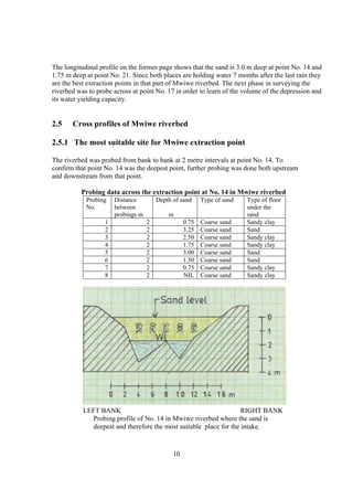 The longitudinal profile on the former page shows that the sand is 3.0 m deep at point No. 14 and
1.75 m deep at point No. 21. Since both places are holding water 7 months after the last rain they
are the best extraction points in that part of Mwiwe riverbed. The next phase in surveying the
riverbed was to probe across at point No. 17 in order to learn of the volume of the depression and
its water yielding capacity.


2.5    Cross profiles of Mwiwe riverbed

2.5.1 The most suitable site for Mwiwe extraction point

The riverbed was probed from bank to bank at 2 metre intervals at point No. 14. To
confirm that point No. 14 was the deepest point, further probing was done both upstream
and downstream from that point.

          Probing data across the extraction point at No. 14 in Mwiwe riverbed
            Probing    Distance         Depth of sand     Type of sand   Type of floor
            No.        between                                           under the
                       probings m           m                            sand
                   1                2              0.75   Coarse sand    Sandy clay
                   2                2              3.25   Coarse sand    Sand
                   3                2              2.50   Coarse sand    Sandy clay
                   4                2              1.75   Coarse sand    Sandy clay
                   5                2              3.00   Coarse sand    Sand
                   6                2              1.50   Coarse sand    Sand
                   7                2              0.75   Coarse sand    Sandy clay
                   8                2              NIL    Coarse sand    Sandy clay




           LEFT BANK                                               RIGHT BANK
             Probing profile of No. 14 in Mwiwe riverbed where the sand is
             deepest and therefore the most suitable place for the intake.


                                              10
 