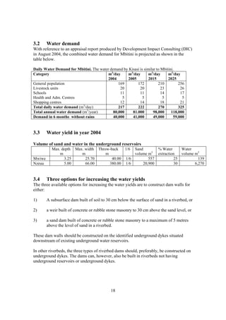 3.2     Water demand
With reference to an appraisal report produced by Development Impact Consulting (DIC)
in August 2004, the combined water demand for Mbitini is projected as shown in the
table below.

Daily Water Demand for Mbitini. The water demand by Kisasi is similar to Mbitini.
Category                                 m3/day    m3/day        m3/day      m3/day
                                         2004      2005          2015        2025
General population                             169       172           210         256
Livestock units                                 20         20            23         26
Schools                                         11         11            14         17
Health and Adm. Centres                          5           5            5          5
Shopping centres                                12         14            18         21
Total daily water demand (m3/day)              217       222           270         325
Total annual water demand (m3/year)         80,000    81.000        98,000     118,000
Demand in 6 months without rains            40,000    41,000        49,000      59,000


3.3     Water yield in year 2004

Volume of sand and water in the underground reservoirs
           Max. depth Max. width Throw-back   1/6 Sand       % Water    Water
               m         m           m            volume m3 extraction  volume m3
Mwiwe            3.25      25.70        40.00 1/6        557         25          139
Nzeuu            5.00      66.00       380.00 1/6     20,900         30        6,270


3.4     Three options for increasing the water yields
The three available options for increasing the water yields are to construct dam walls for
either:

1)      A subsurface dam built of soil to 30 cm below the surface of sand in a riverbed, or

2)      a weir built of concrete or rubble stone masonry to 30 cm above the sand level, or

3)      a sand dam built of concrete or rubble stone masonry to a maximum of 5 metres
        above the level of sand in a riverbed.

These dam walls should be constructed on the identified underground dykes situated
downstream of existing underground water reservoirs.

In other riverbeds, the three types of riverbed dams should, preferably, be constructed on
underground dykes. The dams can, however, also be built in riverbeds not having
underground reservoirs or underground dykes.




                                            18
 