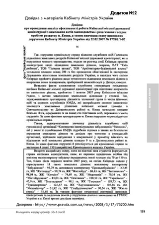 159Як ошукати місцеву громаду. 50+1 спосіб
ЗЕМЕЛЬНІАФЕРИ
Додаток №2
Довідка з матеріалів Кабінету Міністрів України
Джерело http://www.pravda.com.ua/news/2008/3/17/73200.htm
 