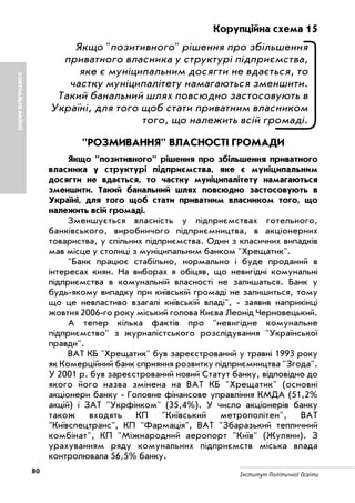 80 Інститут Політичної Освіти
КОМУНАЛЬНЕМАЙНО
Корупційна схема 15
Якщо "позитивного" рішення про збільшення
приватного власника у структурі підприємства,
яке є муніципальним досягти не вдається, то
частку муніципалітету намагаються зменшити.
Такий банальний шлях повсюдно застосовують в
Україні, для того щоб стати приватним власником
того, що належить всій громаді.
"РОЗМИВАННЯ" ВЛАСНОСТІ ГРОМАДИ
Якщо "позитивного" рішення про збільшення приватного
власника у структурі підприємства, яке є муніципальним
досягти не вдається, то частку муніципалітету намагаються
зменшити. Такий банальний шлях повсюдно застосовують в
Україні, для того щоб стати приватним власником того, що
належить всій громаді.
Зменшується власність у підприємствах готельного,
банківського, виробничого підприємництва, в акціонерних
товариства, у спільних підприємства. Один з класичних випадків
мав місце у столиці з муніципальним банком "Хрещатик".
"Банк працює стабільно, нормально і буде проданий в
інтересах киян. На виборах я обіцяв, що невигідні комунальні
підприємства в комунальній власності не залишаться. Банк у
будь якому випадку при київській громаді не залишиться, тому
що це невластиво взагалі київській владі", заявив наприкінці
жовтня 2006 го року міський голова Києва Леонід Черновецький.
А тепер кілька фактів про "невигідне комунальне
підприємство" з журналістського розслідування "Української
правди".
ВАТ КБ "Хрещатик" був зареєстрований у травні 1993 року
як Комерційний банк сприяння розвитку підприємництва "Згода".
У 2001 р. був зареєстрований новий Статут банку, відповідно до
якого його назва змінена на ВАТ КБ "Хрещатик" (основні
акціонери банку Головне фінансове управління КМДА (51,2%
акцій) і ЗАТ "Укрфінком" (35,4%). У число акціонерів банку
також входять КП "Київський метрополітен", ВАТ
"Київспецтранс", КП "Фармація", ВАТ "Збаразький тепличний
комбінат", КП "Міжнародний аеропорт "Київ" (Жуляни). З
урахуванням ряду комунальних підприємств міська влада
контролювала 56,5% банку.
 