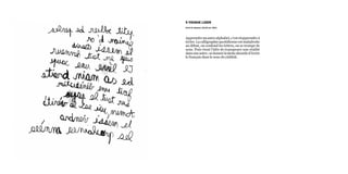 9 yidishe lider
livret de chanson, 21x15 cm, 2011
Apprendreunautrealphabet,c’estréapprendreà
écrire.Lacalligraphiequotidienneestmaladroite
au début, on confond les lettres, on se trompe de
sens. Puis vient l’idée de transposer une réalité
dansuneautre ;sedonnerlatâcheabsurded’écrire
le français dans le sens du yiddish.
 
