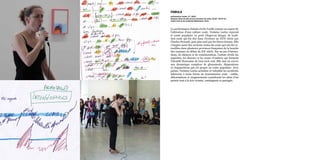 La performance Fabula révéle l’oubli comme un aspect de
l’altération d’une culture orale. Violaine Lochu reprend
le conte populaire Le petit Chaperon Rouge, de tradi-
tion orale qui fut fixé dans l’écriture au XVIIe
siècle par
Charles Perrault, puis plus tard par les frères Grimm. Elle
s’inspire aussi des versions orales du conte qui ont été re-
cueillies dans plusieurs provinces françaises de la bouche
des conteurs au début du XXe
siècle. Par un jeu d’intona-
tions, de silences et de remémoration, l’artiste révèle les
aspérités, les fissures et les zones d’ombres qui forment
l’identité fluctuante de tout récit oral. Elle met en œuvre
une dynamique complexe de glissements, disparations
et réapparitions qui est propre au conte populaire. Avec
poésie, Violaine Lochu actualise et redouble les accidents
inhérents à toute forme de transmission orale : oublis,
déformations et surgissements constituent les aléas d’un
pensée tout à la fois vivante, contingente et partagée.
performance vocale, 17’, 2013
Quelque chose de plus qu’une sucession de notes, 22.05 - 20.07.13,
centre d’art et de recherche Bétonsalon, Paris
Fabula
 