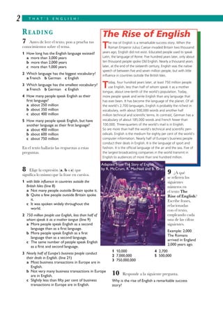 T H A T ’ S E N G L I S H !2
READING
7 Antes de leer el texto, pon a prueba tus
conocimientos sobre el tema.
1 How long has the English language existed?
a more than 3,000 years
b more than 2,000 years
c more than 1,000 years
2 Which language has the biggest vocabulary?
a French b German c English
3 Which language has the smallest vocabulary?
a French b German c English
4 How many people speak English as their
first language?
a about 250 million
b about 350 million
c about 400 million
5 How many people speak English, but have
another language as their first language?
a about 400 million
b about 600 million
c about 750 million
En el texto hallarás las respuestas a estas
preguntas.
8 Elige la expresión (a, b o c) que
significa lo mismo que la frase en cursiva.
1 with little influence in countries outside the
British Isles (line 8)
a Not many people outside Britain spoke it.
b Quite a few people outside Britain spoke
it.
c It was spoken widely throughout the
world.
2 750 million people use English, less than half of
whom speak it as a mother tongue (line 9)
a More people speak English as a second
language than as a first language.
b More people speak English as a first
language than as a second language.
c The same number of people speak English
as a first and second language.
3 Nearly half of Europe’s business people conduct
their deals in English. (line 21)
a Most business transactions in Europe are in
English.
b Not very many business transactions in Europe
are in English.
c Slightly less than fifty per cent of business
transactions in Europe are in English.
9 ¿A qué
se refieren los
siguientes
números en
el texto The
Rise of English?
Escribe frases,
relacionadas
con el texto,
empleando cada
una de las cifras
siguientes.
Example: 2,000
The Romans
arrived in England
2,000 years ago.
1 10,000 4 2,700
2 7,000,000 5 500,000
3 750,000,000
10 Responde a la siguiente pregunta.
Why is the rise of English a remarkable success
story?
The Rise of English
The rise of English is a remarkable success story. When the
Roman Emperor Julius Caesar invaded Britain two thousand
years ago, English did not exist. Educated people used to speak
Latin, the language of Rome. Five hundred years later, only about
ten thousand people spoke Old English. Nearly a thousand years
later, at the end of the sixteenth century, English was the native
speech of between five and seven million people, but with little
influence in countries outside the British Isles.
Today, four hundred years later, at least 750 million people
use English, less than half of whom speak it as a mother
tongue, about one-tenth of the world’s population. Today,
more people speak and write English than any language that
has ever been. It has become the language of the planet. Of all
the world’s 2,700 languages, English is probably the richest in
vocabulary, with about 500,000 words and another half
million technical and scientific terms. In contrast, German has a
vocabulary of about 185,000 words and French fewer than
100,000. Three-quarters of the world’s mail is in English.
So are more than half the world’s technical and scientific peri-
odicals. English is the medium for eighty per cent of the world’s
computer information. Nearly half of Europe’s business people
conduct their deals in English. It is the language of sport and
fashion. It is the official language of the air and the sea. Five of
the largest broadcasting companies in the world transmit in
English to audiences of more than one hundred million.
Adapted from The Story of English
by R. McCrum, R. MacNeil and B. Cran
 