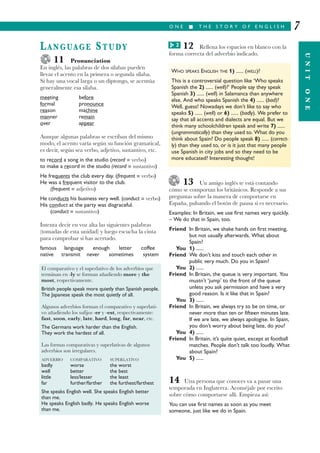 12 Rellena los espacios en blanco con la
forma correcta del adverbio indicado.
13 Un amigo inglés te está contando
cómo se comportan los británicos. Responde a sus
preguntas sobre la manera de comportarse en
España, pulsando el botón de pausa si es necesario.
Examples: In Britain, we use first names very quickly.
– We do that in Spain, too.
Friend In Britain, we shake hands on first meeting,
but not usually afterwards. What about
Spain?
You 1) ......
Friend We don’t kiss and touch each other in
public very much. Do you in Spain?
You 2) ......
Friend In Britain, the queue is very important. You
mustn’t ‘jump’ to the front of the queue
unless you ask permission and have a very
good reason. Is it like that in Spain?
You 3) ......
Friend In Britain, we always try to be on time, or
never more than ten or fifteen minutes late.
If we are late, we always apologise. In Spain,
you don’t worry about being late, do you?
You 4) ......
Friend In Britain, it’s quite quiet, except at football
matches. People don’t talk too loudly. What
about Spain?
You 5) ......
14 Una persona que conoces va a pasar una
temporada en Inglaterra. Aconséjale por escrito
sobre cómo comportarse allí. Empieza así:
You can use first names as soon as you meet
someone, just like we do in Spain.
O N E I T H E S T O R Y O F E N G L I S H
UNITONE
7
LANGUAGE STUDY
11 Pronunciation
En inglés, las palabras de dos sílabas pueden
llevar el acento en la primera o segunda sílaba.
Si hay una vocal larga o un diptongo, se acentúa
generalmente esa sílaba.
meeting before
formal pronounce
reason machine
manner remain
over appear
Aunque algunas palabras se escriban del mismo
modo, el acento varía según su función gramatical,
es decir, según sea verbo, adjetivo, sustantivo, etc.
to record a song in the studio (record = verbo)
to make a record in the studio (record = sustantivo)
He frequents the club every day. (frequent = verbo)
He was a frequent visitor to the club.
(frequent = adjetivo)
He conducts his business very well. (conduct = verbo)
His conduct at the party was disgraceful.
(conduct = sustantivo)
Intenta decir en voz alta las siguientes palabras
(tomadas de esta unidad) y luego escucha la cinta
para comprobar si has acertado.
famous language enough letter coffee
native transmit never sometimes system
El comparativo y el superlativo de los adverbios que
terminan en -ly se forman añadiendo more y the
most, respectivamente.
British people speak more quietly than Spanish people.
The Japanese speak the most quietly of all.
Algunos adverbios forman el comparativo y superlati-
vo añadiendo los sufijos -er y -est, respectivamente:
fast, soon, early, late, hard, long, far, near, etc.
The Germans work harder than the English.
They work the hardest of all.
Las formas comparativas y superlativas de algunos
adverbios son irregulares.
ADVERBIO COMPARATIVO SUPERLATIVO
badly worse the worst
well better the best
little less/lesser the least
far further/farther the furthest/farthest
She speaks English well. She speaks English better
than me.
He speaks English badly. He speaks English worse
than me.
WHO SPEAKS ENGLISH THE 1) ...... (WELL)?
This is a controversial question like ‘Who speaks
Spanish the 2) ...... (well)?’ People say they speak
Spanish 3) ...... (well) in Salamanca than anywhere
else. And who speaks Spanish the 4) ...... (bad)?
Well, guess! Nowadays we don’t like to say who
speaks 5) ...... (well) or 6) ...... (badly). We prefer to
say that all accents and dialects are equal. But we
think many schoolchildren speak and write 7) ......
(ungrammatically) than they used to. What do you
think about Spain? Do people speak 8) ...... (correct-
ly) than they used to, or is it just that many people
use Spanish in city jobs and so they need to be
more educated? Interesting thought!
2G
 