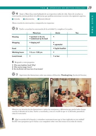 T W O I A M E R I C A N O R B R I T I S H E N G L I S H ?
UNITTWO
19
4 Annie y Mary-Lou están hablando de sus respectivos estilos de vida. Antes de escuchar su
conversación, intenta predecir tres diferencias que podrían mencionar en torno a los siguientes aspectos.
I vivienda I alimentación I horario laboral
Ahora escucha la conversación y comprueba tus respuestas.
5 Vuelve a escuchar la conversación de la actividad 4 y completa el recuadro.
Mary-Lou Annie You
Housing • apartment in the city •
• condominium by the beach
Shopping • shopping mall •
• supermarket
Food • • English breakfast
Working hours • 8 a.m.–7.00 p.m. •
Lunch break • • an hour
6 Responde a estas preguntas.
1 Who eats healthier food? Why?
2 Who works longer hours?
3 Do the British still have lots of tea breaks?
7 Aquí tienes dos ilustraciones sobre una misma celebración, Thanksgiving (Acción de Gracias).
Observa con atención las dos ilustraciones e indica las semejanzas y diferencias que pueda haber. Luego
escucha el dictado de la cinta. Vuelve a escucharlo, y esta vez escribe lo que se va diciendo, parando la
cinta si es necesario.
8 ¿Qué recuerdas de la historia y costumbres norteamericanas que se han explicado en esta unidad?
Escribe cinco preguntas que le harías a un compañero sobre estos dos temas en la sesión de tutoría.
A B
 