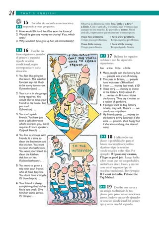 T H A T ’ S E N G L I S H !24
15 Escucha de nuevo la conversación y
responde a estas preguntas.
1 How would Richard live if he won the lottery?
2 Would he give any money to charity? If so, which
ones?
3 Why wouldn’t Ann give up her job immediately?
16 Escribe las
frases siguientes, usando
el primer o segundo
tipo de oración
condicional, según
corresponda en cada
situación.
1 You feel like going to
the beach. The weather
forecast says it’s likely
to be sunny tomorrow.
If (weather/good) . . .
2 Your car is in the garage
being repaired. You
would like to drive your
friend to his house, but
you can’t.
If (have/car) . . .
3 You can’t speak
French. You have just
seen a job advertised
which interests you, but it
requires French speakers.
If (speak French) . . .
4 You live in a house with
friends. It is time to
clean the bathroom and
the kitchen. You want
to clean the bathroom.
You want your friend to
clean the kitchen.
Ask him or her.
If (clean/bathroom) . . .
5 You want to go on a
trip with your friends
who all have bicycles.
You don’t have a bicycle.
If I (have/bicycle) . . .
6 Your friend is always
complaining that his/her
flat is too small. Give
him/her some advice.
If I (be/you) . . .
17 Rellena los espacios
en blanco con las siguientes
expresiones.
few a few little a little
1 Many people win the lottery, but
...... people win a lot of money.
2 This year in Britain, ...... people
have won over £10 million!
3 I won ...... money last week. £10!
4 I have very ...... money to invest
in the lottery. Only about £1.
5 ...... writers in Britain criticise
the lottery. They say it makes us
a nation of gamblers.
6 If people want to buy lottery
tickets, they will. There’s ...... we
can do to stop them.
7 My friend spends ...... money on
the lottery every Saturday. If she
wins ...... pounds, she’s happy but
if she wins nothing, she doesn’t
mind.
18 Habla sobre tus
planes o posibilidades para el
futuro en cinco frases; utiliza
el primer tipo de oración
condicional en todas ellas. Por
ejemplo: If I pass my exams,
I’ll get a good job. Luego habla
sobre cosas que no son probables,
también en cinco frases, y en este
caso usa el segundo tipo de
oración condicional. Por ejemplo:
If I went to India, I’d see the
Taj Mahal.
19 Escribe una carta a
un amigo hablándole de tus
planes para pasar unas vacaciones
juntos. Incluye un par de ejemplos
de oración condicional del primer
tipo y otros dos del segundo.
Observa la diferencia entre few/little y a few/
a little. Con el artículo, se expresa que tenemos algo
aunque no sea mucho. Es parecido a some. Sin el
artículo, expresamos que realmente tenemos poco.
I have few problems. I have a few problems.
Tengo pocos problemas. Tengo algunos problemas.
I have little money. I have a little money.
Tengo poco dinero. Tengo algo de dinero.
6G
6G
7G
6G
6G
 