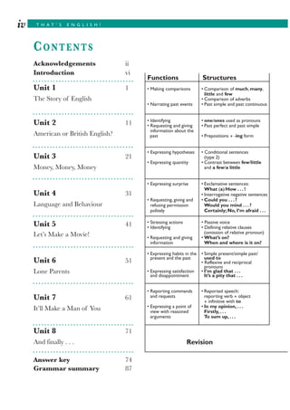 CONTENTS
Acknowledgements ii
Introduction vi
Functions Structures
Unit 1 1
The Story of English
Unit 2 11
American or British English?
Unit 3 21
Money, Money, Money
Unit 4 31
Language and Behaviour
Unit 5 41
Let’s Make a Movie!
Unit 6 51
Lone Parents
Unit 7 61
It’ll Make a Man of You
Unit 8 71
And finally . . .
Answer key 74
Grammar summary 87
฀ ฀ ฀ ฀ ฀much, many฀
little few ฀
฀ ฀ ฀ ฀ ฀ ฀฀
฀ ฀ ฀ ฀฀฀฀ ฀ ฀ ฀ ฀ ฀ ฀
฀ ฀ ฀one/ones฀ ฀ ฀ ฀
฀ ฀ ฀ ฀ ฀ ฀ ฀ ฀ ฀ ฀฀
฀ ฀ ฀ ฀ ฀ ฀
฀฀ ฀ ฀ ฀+฀ ing฀ ฀฀฀
฀ ฀฀฀฀
฀ ฀ ฀ ฀ ฀ ฀
฀฀฀ ฀ ฀ ฀฀฀
฀ ฀ ฀ ฀ ฀ ฀few/little฀
฀ ฀ ฀ ฀a few/a little฀฀
฀฀ ฀ ฀
฀ ฀ ฀ ฀ ฀ ฀
What (a How . . . !฀฀
฀฀฀฀ ฀ ฀ ฀ ฀฀
฀ ฀ ฀ ฀ ฀Could you . . . ?฀฀
฀ ฀ ฀ ฀ Would you mind . . . ?฀
฀ ฀ ฀ Certainly; No, I’m afraid . . .
฀ ฀ ฀ ฀ ฀ ฀
฀ ฀ ฀ ฀ ฀ ฀฀ ฀฀
฀ ฀ ฀ ฀ ฀ ฀
฀ ฀ ฀ ฀ ฀What’s on? ฀฀฀
฀ ฀ ฀ When and where is it on?
฀ ฀ ฀ ฀ ฀฀ ฀ ฀ ฀ ฀
฀฀ ฀ ฀ ฀ ฀ ฀ used to฀
฀ ฀ ฀ ฀ ฀ ฀
฀ ฀ ฀ ฀
฀ ฀ ฀฀ ฀I’m glad that . . .฀฀฀
฀ ฀ ฀ ฀ It’s a pity that . . .
฀ ฀ ฀ ฀ ฀ ฀฀
฀ ฀ ฀ ฀ ฀ ฀+฀ ฀฀฀฀
+฀ ฀ ฀to฀
฀ ฀ ฀ ฀ ฀ ฀In my opinion, . . . ฀
฀ ฀ ฀ ฀ ฀ Firstly, . . .฀
฀ ฀ ฀ To sum up, . . .
Revision
T H A T ’ S E N G L I S H !iv
 