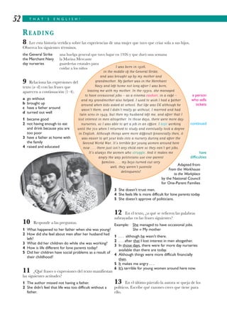 T H A T ’ S E N G L I S H !52
READING
8 Lee esta historia verídica sobre las experiencias de una mujer que tuvo que criar sola a sus hijos.
Observa los siguientes términos.
the General Strike una huelga general que tuvo lugar en 1926 y que duró una semana
the Merchant Navy la Marina Mercante
day nurseries guarderías estatales para
cuidar a los niños
9 Relaciona las expresiones del
texto (a–d) con las frases que
aparecen a continuación (1–4).
a go without
b brought up
c have a father around
d turned out well
1 became good
2 not having enough to eat
and drink because you are
too poor
3 have a father at home with
the family
4 raised and educated
10 Responde a las preguntas.
1 What happened to her father when she was young?
2 How did she feel about men after her husband had
left?
3 What did her children do while she was working?
4 How is life different for lone parents today?
5 Did her children have social problems as a result of
their childhood?
11 ¿Qué frases o expresiones del texto manifiestan
las siguientes actitudes?
1 The author missed not having a father.
2 She didn’t feel that life was too difficult without a
father.
a person
who sells
tickets
continued
have
difficulties
3 She doesn’t trust men.
4 She feels life is more difficult for lone parents today.
5 She doesn’t approve of politicians.
12 En el texto, ¿a qué se refieren las palabras
subrayadas en las frases siguientes?
Example: She managed to have occasional jobs.
She = My mother
1 . . . although he wasn’t there.
2 . . . after that I lost interest in men altogether.
3 In those days, there were far more day nurseries
available than there are today.
4 Although things were more difficult financially
then.
5 It makes me angry . . .
6 It’s terrible for young women around here now.
13 En el último párrafo la autora se queja de los
políticos. Escribe qué razones crees que tiene para
ello.
I was born in 1926,
in the middle of the General Strike,
and was brought up by my mother and
grandmother. My father was in the Merchant
Navy and left home not long after I was born,
leaving me with my mother. In the 1930s, she managed
to have occasional jobs – as a cinema cashier, in a café –
and my grandmother also helped. I used to wish I had a father
around when kids asked at school. But life was OK although he
wasn’t there, and I didn’t really go without. I married and had
twin sons in 1949, but then my husband left me, and after that I
lost interest in men altogether. In those days, there were more day
nurseries, so I was able to get a job in an office. I kept working
until the 70s when I returned to study and eventually took a degree
in English. Although things were more difficult financially then, it
was easier to get your kids into a nursery during and after the
Second World War. It’s terrible for young women around here
now . . . there just isn’t any child care so they can’t get jobs.
It’s always the women who struggle. And it makes me
angry the way politicians use one-parent
families . . . my boys turned out very
well, they weren’t juvenile
delinquents!
Adapted from
From the Workhouse
to the Workplace
by the National Council
for One-Parent Families
 