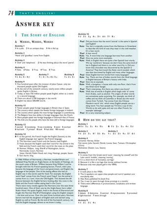 74 T H A T ’ S E N G L I S H !
1 THE STORY OF ENGLISH
A WORDS, WORDS, WORDS
Activity 1
1 In a pub. 2 In an antique shop. 3 He is fed up.
Activity 2
‘Hand’ and ‘goodbye’ come from English.
Activity 3
1 ‘Dish’ and ‘telephone’. 2 He was thinking about the word ‘petrol’.
Activity 4
1 False. 2 False. 3 True. 4 True. 5 True.
Activity 5 Activity 7 Activity 8
1 b 2 a 3 c 4 d 1 c 2 c 3 a 4 b 5 a 1 a 2 a 3 c
Activity 9
1 Five hundred years after the invasion of Julius Caesar, only ten
thousand people spoke Old English.
2 At the end of the sixteenth century, nearly seven million people
spoke English in Britain.
3 Today, at least 750 million people speak English, either as a native
or a second language.
4 There are about 2,700 languages in the world.
5 English has about 500,000 words.
Activity 12
1 Fewer people speak foreign languages in Britain than in Spain.
2 The country which speaks the fewest foreign languages is Ireland.
3 The country which speaks the most foreign languages is Luxembourg.
4 The Belgians have less ability in foreign languages than the Dutch.
5 More people speak two foreign languages in Denmark than in France.
6 The Irish are the people who have the least skill in foreign languages.
Activity 13
1 started 2 translating 3 was translating 4 went 5 worked
6 had built 7 printed 8 built 9 had died 10 moved
Activity 14
B 1 In this period, the French fought the English (Saxons) so the
English language was ‘against’ the French language.
2 The Normans used French and the Saxons used English.
3 Food, because the English used their word for the animal in the
field and the French used their word for the meat on the plate.
4 Norman: William, king, Sheriff of Nottingham, baron,
Normandy, Court, Norman
Saxon: Harold, Robin Hood, earl, king, Hastings, people, Saxon
5 Earl, baron, king
Activity 15
1 d 2 e 3 g 4 c 5 h 6 b 7 f 8 a
B HOW DO YOU SAY THAT?
Activity 1
A 1 d 2 a 3 c 4 e 5 b B 1 b 2 c 3 a 4 e 5 d
Activity 2 Activity 3
1 d 2 e 3 c 4 f 5 b 6 a 1 c 2 e 3 b 4 a 5 f 6 d
Activity 4
Surnames: Harvey, Anker
First names: Julia, Gareth, Derek, Louisa, Sean, Tamsen, Christopher
(Chris)
Nicknames: Dezzer, Lou, Seanny
Activity 5
1 It comes from the Greek word ‘auto’, meaning ‘by oneself’ and the
Latin word ‘mobilis’, meaning ‘moving’.
2 It is a short form of ‘horseless carriage’.
3 Because it is like a carriage that moves without horses.
4 Because only men played golf in the 1890s.
Activity 7
1 It took place in the 1950s.
2 The U speakers are upper-class people and non-U speakers are
everybody else.
3 Alan Ross published his book first.
4 Yes, it was (it went through three printings in a month).
5 There were differences in pronunciation, vocabulary and written
language.
Activity 8
1 debate 2 distinctive 3 satirical 4 impressionistic 5 provoked
6 light-hearted 7 went through
Activity 9
1 d 2 c 3 b 4 a
ANSWER KEY
In 1066 William of Normandy, a Norman, invaded Britain and
defeated King Harold, an Anglo-Saxon, at the battle of Hastings, on
the south coast of Britain. William became King William I and he
brought with him his French-speaking barons. French, with Latin,
became the language of the Court and government, and English the
language of the people. One of the lasting effects this had on
English was in the words used for food. For example, the English
word ‘beef’ comes from the French word ‘bœuf’, but the animal it
comes from is a ‘cow’, from the Old English. This showed the dif-
ference between the English farmers looking after the cows in the
fields and the French nobles eating beef in the Court.
There were many revolts against the Normans over the next three
hundred years. One of them was by the Anglo-Saxon hero called
Robin Hood. He spoke English, lived in the forest of Sherwood and
fought the Norman Sheriff of Nottingham using the English weapon
– the bow and arrow. Over the next three hundred years, Norman
barons married the daughters of English earls and started using
English as well as French. By the end of the fourteenth century, we
had the English language, almost as we know it today.
Paul Did you know that the word ‘anorak’ is the same in Spanish
and English?
Kate Yes, but it originally comes from the Eskimos in Greenland
to describe the kind of coat they wear in the cold weather.
It’s a loan word.
Paul A loan word?
Kate Yes. A word that one language borrows from another.
Paul Give me some more examples.
Kate Well, in English there are quite a few Spanish loan words.
We say ‘sombrero’ because we don’t have the same kind of
hat in England and there is no other word for it. Did you
know that chocolate was discovered by the Spanish in
America? They borrowed the Aztec word xocalatl, which
was then borrowed by English and many other languages.
Paul Does English borrow words from many languages?
Kate Yes. There are lots of Indian words from the Hindi language
in English because of Britain’s history with India.
Paul Give me an example.
Kate Well, a bungalow, a house with only one floor, that’s from
the Hindi word ‘bangla’.
Paul That’s interesting. Are there any others you know?
Kate Well, lots of words in English which begin with ‘al’ come
from Arabic, such as alcohol. The origins of other words
are sometimes quite surprising. For example, we think of
coffee and we think of Colombia or Brazil; but the word
comes from Turkish. Tea comes from the Chinese
Mandarin word ‘cha’, which many English people use as a
slang word. You hear people say ‘I’d love a cup of cha’.
Words to do with spies and war are often French, for
example ‘sabotage’.
Paul It’s a very interesting subject.
 