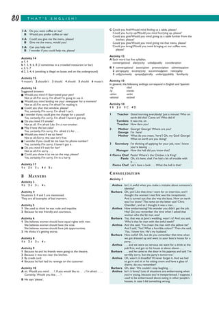 T H A T ’ S E N G L I S H !80
Activity 14
a 1, 4
b 1, 3, 4, 6, 8 (2 sometimes in a crowded restaurant or bar)
c 3, 5, 7
d 2, 3, 4, 6 (smoking is illegal on buses and on the underground)
Activity 15
1 mustn’t 2 shouldn’t 3 should 4 should 5 should 6 mustn’t
Activity 16
Suggested answers
I Would you mind if I borrowed your pen?
Not at all./I’m sorry, I’m afraid I’m going to use it.
I Would you mind lending me your newspaper for a moment?
Not at all./I’m sorry, I’m afraid I’m reading it.
I Could you shut that window, please?
Yes, certainly./I’m sorry, I’m afraid I can’t.
I I wonder if you could give me change for a pound?
Yes, certainly./I’m sorry, I’m afraid I haven’t got any.
I Do you mind if I smoke?
Not at all. /I’m afraid I do. I’m a non-smoker.
I May I have the last cake?
Yes, certainly./I’m sorry, I’m afraid it’s for . . .
I Would you mind if we sat here?
Not at all./Sorry, this seat isn’t free.
I I wonder if you could let me have his phone number?
Yes, certainly./I’m sorry, I haven’t got it .
I Do you mind if I wait for her?
Not at all./I’m sorry . . .
I Could you show it to me on the map, please?
Yes, certainly./I’m sorry, I’m in a hurry.
Activity 17
1 e 2 b 3 a 4 d 5 c
B MANNERS
Activity 3
1 b 2 d 3 c 4 a
Activity 4
Situations 3, 4 and 5 are mentioned.
They are all examples of bad manners.
Activity 5
1 She used to think he was rude and impolite.
2 Because he was friendly and courteous.
Activity 6
1 She believes women should have equal rights with men.
She believes women should have the vote.
She believes women should have job opportunities.
2 He thinks it’s getting worse.
Activity 8
1 b 2 d 3 a 4 c
Activity 9
1 Because he and his friends were going to the theatre.
2 Because it was too near the kitchen.
3 By credit card.
4 Because he had had his revenge on the customer.
Activity 10
A sir, Would you mind . . . ?, If you would like to . . . , I’m afraid . . . ,
Certainly, Would you like . . . ?
B He says ‘please’.
C Could you find/Would mind finding us a table, please?
Could you hurry up/Would you mind hurrying up, please?
Could you give/Would you mind giving us a table further from the
kitchen, please?
Could you give/Would you mind giving me that menu, please?
Could you bring/Would you mind bringing us our coffee now,
please?
Activity 12
A Each word has five syllables.
conversational electricity unbelievably consideration
B 1 conversational association pronunciation administration
2 perspicuity eccentricity accommodation rationality
3 unfortunately sympathetically understandably familiarity
Activity 13
In general, the following endings correspond in English and Spanish:
-ity -idad
-ly -mente
-ation -ación
-ational -acional
Activity 14
1 B 2 A 3 C 4 D
CONSOLIDATION
Activity 1
3 A Do you want coffee or tea?
B Would you prefer coffee or tea?
4 A Could you give me the menu, please?
B Give me the menu, would you?
5 A Can you help me?
B I wonder if you could help me, please?
1 Teacher Good morning everybody! Just a minute! Who on
earth did this? Come on! Who did it?
Tomkins It was me, sir.
Teacher How dare you!
2 Mother George! George! Where are you?
George I’m here!
Mother What do you mean, ‘here’? Oh, my God! George!
What on earth are you doing?
3 Secretary I’m thinking of applying for your job, now I know
you’re leaving . . .
Manager How the hell did you know that?
4 Fierce Chef Paolo! Where’s the Chicken à la King?
Paolo Oh, it’s here, chef. I’ve had a bit of trouble with
it . . .
Fierce Chef Let’s have a look . . . What the hell is that?
Anthea Isn’t it awful when you make a mistake about someone’s
identity?
Barbara Oh, yes! Like that time I went for an interview, and I
thought the woman I met first was the receptionist.
And it turned out that she was the boss. How on earth
was I to know? The name on the letter said ‘Chris
Chandler’, and so I thought it was a man . . .
Anthea How embarrassing! No wonder you didn’t get the job.
Hey! Do you remember the time when I asked that
woman who the fat man was?
Barbara Yes, that was at Jane’s wedding, wasn’t it? And you said,
‘Who’s that fat man with the awful teeth?’
Anthea And she said, ‘You mean the man with the yellow tie?’
And I said, ‘Yes! What a horrible colour!’ Then she said,
‘Yes, I know him. He’s my husband.’
Barbara How awful! Oh, but do you remember that time when
we got dressed up and went to your boss’s house for a
party . . .
Anthea . . . and we were so nervous we went for a drink at the
pub first, and got to his house at about eleven . . .
Barbara . . . and he came to the door in his pyjamas and said ‘I’m
terribly sorry, but the party’s tomorrow.’
Anthea Oh, wasn’t it dreadful! I’ll never forget it. And we had
to go in and sit in his sitting room and have a glass of
sherry, do you remember?
Barbara Oh, dear. We couldn’t stop laughing . . .
Anthea Isn’t it funny! Lots of situations are embarrassing when
you’re young, because you’re inexperienced, I suppose. I
used to be embarrassed about eating in other people’s
houses, in case I did something wrong.
 