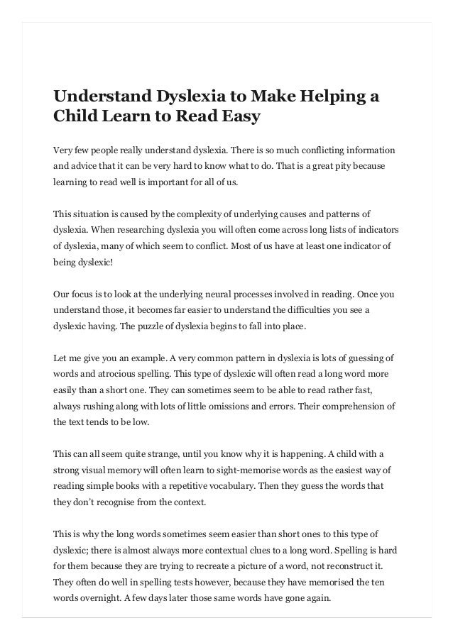 Understanding Dyslexia And Reading >> Understand Dyslexia To Make Helping A Child Learn To Read Easy Understanding Dyslexia And Reading >> Understand Dyslexia To Make Helping A Child Learn To Read Easy
