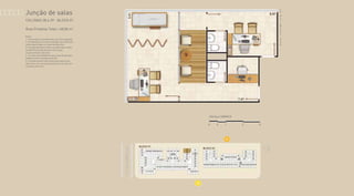 Junção de salas
COLUNAS 38 e 39 - BLOCO 01
Área Privativa Total = 48,00 m2
Notas:
1- A decoração e revestimentos são mera sugestão.
2- Os acabamentos a serem utilizados na construção
estão especificados no memorial descritivo.
3- Esta planta poderá sofrer variações decorrentes
do atendimento das posturas municipais,
concessionárias e do local.
4- As cotas são medidas de eixo a eixo das paredes,
podendo sofrer variação de até 5%.
5- O projeto poderá sofrer alterações quanto aos
vãos livres com a locação de pilares de acordo com
o projeto estrutural.
 