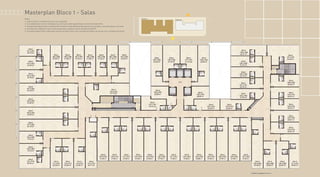 Masterplan Bloco 1 - Salas
Notas:
1- A decoração e revestimentos são mera sugestão.
2- Os acabamentos a serem utilizados na construção estão especificados no memorial descritivo.
3- Esta planta poderá sofrer variações decorrentes do atendimento das posturas municipais, concessionárias e do local.
4- As cotas são medidas de eixo a eixo das paredes, podendo sofrer variação de até 5%.
5- O projeto poderá sofrer alterações quanto aos vãos livres com a locação de pilares de acordo com o projeto estrutural.
 