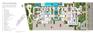 28
IMPLANTAÇÃO                                                     N
                                                                                                                    3       5    4
Mais de  3.400m2de terreno com muitas                                                     2                                                7
opções de lazer e segurança completa                     O             L


para você viver tranquilo com a sua
família.                                                        S

                                                                                1        20
1.    Pet space                                                                               19        18
2.    Praça dos sons
3.    Piscina adulto                                                                                                                           10                  26
4.    Piscina infantil                                                                                       17                      11
5.    Deck / Solário                                                                                                    6                                     27
6.    Espelho d’água                                                                          21                                                                   25
7.    Estar sob pergolado
8.    Pergolado com pomar
9.    Praça boas-vindas com mirante
                                                                                    22         12             12            16        12        12        9
10.   Salão de festas                                                      **
11.   Espaço gourmet                                       S AS
12.   Hall social                                      UN RADo
13.   Apartamento do zelador                          M         iv
14.   Stadium                                        O COescrit                                    23
15.   Estacionamento                             S C DErial d                                                                                        13
16.   Marquise                                EA ES memo                                                                             14
17.   Fitness                               ÁR U rme
18.   Sanitários                              EG nfo
19.   Brinquedoteca                         TR co
20.   Playground                          EN
21.   Espaço spa
22.   Mirante
23.   Salão de jogos                                                                                                                                               24
24.   Acesso de veículos                                                                                           15
25.   Portaria                                                                                                                                            8
26.   Acesso de pedestres com clausura
27.   Acesso PNE*
28.   Acesso à piscina PNE*
                                     * Portadores de Necessidades Especiais                                                                                         Ilustração artística da implantação.
                                     ** Exceto espaço spa
 