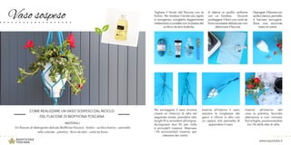 Vaso sospeso
www.equotube.it
COME REALIZZARE UN VASO SOSPESO DAL RICICLO
DEL FLACONE DI BIOFFICINA TOSCANA
MATERIALI:
Un flacone di detergente delicato Biofficina Toscana - forbici - acrilico bianco - pennello
rafia colorata - piantina - ferro da stiro - carta da forno
Tagliare il fondo del flacone con le
forbici. Per rendere il bordo più rigido
e omogeneo, scioglierlo leggermente
mettendolo a contatto con la piastra del
un ferro da stiro bollente.
Inserire all’interno del
vaso la piantina, facendo
attenzione a non rovinare
fioriefoglie, posizionandole
tra i fili della rete di rafia.
Per sorreggere il vaso occorre
creare un intreccio di rafia nel
seguente modo: prendere otto
lunghi fili e annodarli all’origine.
Accoppiare due fili per volta
e annodarli insieme. Alternare
i fili annonandoli insieme, per
ottenere dei rombi.
Si otterrà un profilo uniforme
con un bordino. Occorre
proteggere il ferro con carta da
forno ed essere delicati per non
deformare il flacone.
Dipingere ilflaconecon
acrilicobianco,pennello
e lasciare asciugare.
Dare una seconda
manodi colore.
Inserire all’interno il vaso,
valutare la lunghezza dei
ganci e rifinire in alto con
un cappio che permetta di
appendere il vaso.
 