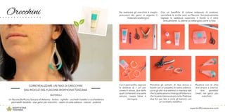 Orecchini
www.biofficinatoscana.com
COME REALIZZARE UN PAIO DI ORECCHINI
DAL RICICLO DEL FLACONE BIOFFICINA TOSCANA
MATERIALI:
Un flacone Biofficina Toscana di Balsamo - forbici - righello - occhielli metallici e occhiellatrice
pennarello lavabile - due ganci per orecchini - nastro di carta adesivo - cotone - acetone
Per realizzare gli orecchini è meglio
procurarsi dei ganci in argento o
materiale anallergico.
Con il pennarello, segnare
le distanze di 1 cm per
creare 4 strisce, due delle
quali contenenti una parte
azzurra. Lavare bene e
asciugare.
Prendere gli estremi di due strisce e
fissare con un pezzetto di nastro adesivo,
unire gli altri due estremi in maniera tale
che la parte azzurra rimanga all’esterno e
che la parte interna sia più corta.Praticare
due fori per lato e unire gli estremi con
un occhiello metallico.
Con un batuffolo di cotone imbevuto di acetone,
cancellare le scritte nere sul flacone. Successivamente
tagliare la saldatura superiore, il fondo e il retro
verticalmente. Si otterrà un rettangolo come in foto.
Ripetere con le altre
due strisce e inserire,
i due pendenti
creati, nei ganci per
orecchini.
 