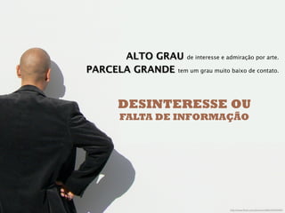 ALTO GRAU de interesse e admiração por arte.
PARCELA GRANDE tem um grau muito baixo de contato. 


        DESINTERESSE OU
        FALTA DE INFORMAÇÃO
 