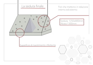 Fori che mettono in relazione
interno ed esterno.
Superficie di rivestimento riflettente
Seduta: 1250x800mm
Alzata:1300mm
La seduta finale
 
