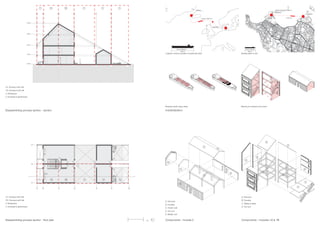 Disassembling process section - floor plan
1A. Housing north half
1B. Housing south half
2. Workspace
3. Accesses & greenhouse
Disassembling process section - section
1A. Housing north half
1B. Housing south half
2. Workspace
3. Accesses & greenhouse
3 3 2 3
1A 1B
0 5 m
industralization
Logistics, timber providers to assembly plant
Bracing for transport and crane
Modules inside cargo ships
Assebly plant to site
Emma Maerks Cargo Vessel
397 m
Iceland
Denmark
Glulam Assembly Factory
Reykjavik
Reykjavik
Site
4 days /2300 km
2,80 km
130 m
Components - modules 1A & 1B
Components - module 2
A. Structure
B. Facades
C. Slabes & stairs
D. Turf roof
B
B
B
B
A
A
C
C
D
D
A. Structure
B. Facades
C. Interior wall
D. Turf roof
E. Metalic roof
D
B
B
B
C
A
E
3 3 2 3
1A 1B
 