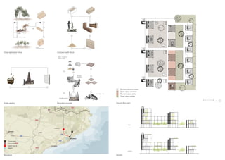 Section
Ground floor plan
Compact earth block
Cross laminated timber
Recycled concrete
Doble glazing
Barcelona
Renew forests
Reduce
construction time
New Infrastructure
Demolish concrete
Sand + Limestone
Gravel + Water
CO2
CO2
CO2
Sika addi-
tiveadditive
CO2
1 4
5
6
2
3
1
2
3
4
5
6
1 2 3
0 10 m
1 6
2 5
3 4
Cross lam.
Earth block
Glaze
Concrete
Winter
Summer
Roofed plaza winter
Open plaza winter
Open plaza summer
Roofed plaza summer
 