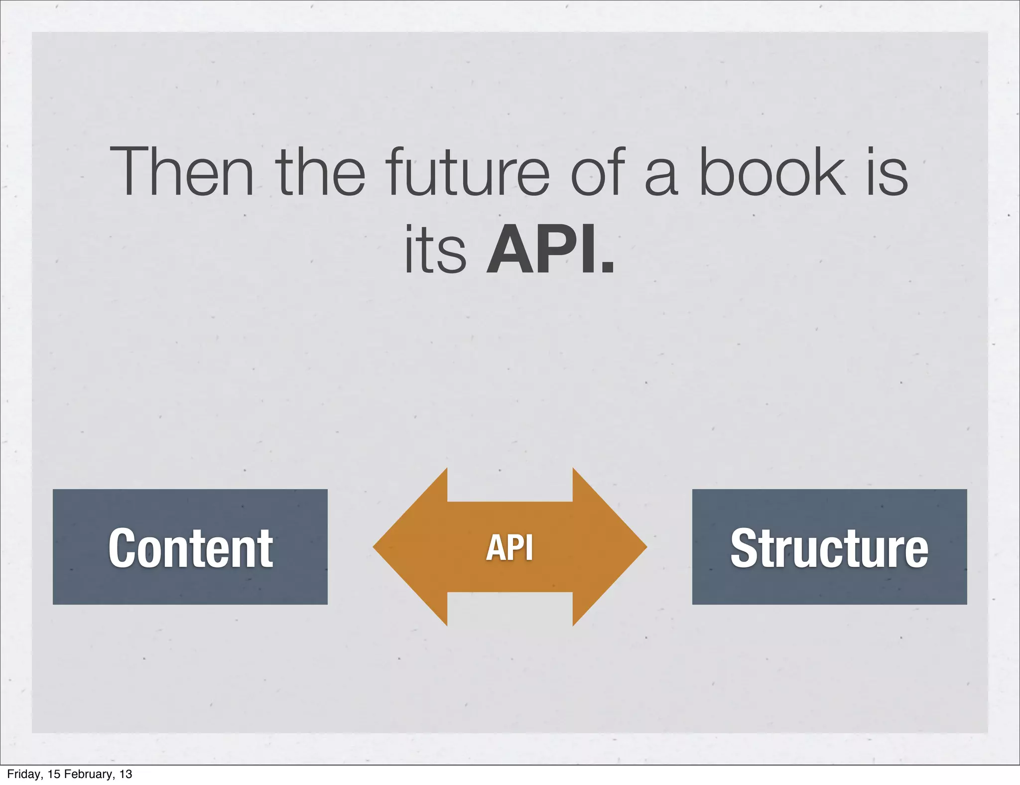 Then the future of a book is
                            its API.



                  Content      API     Structure


Friday, 15 February, 13
 