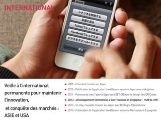 INTERNATIONAL

Veille à l’international
permanente pour maintenir
l’innovation,
et conquête des marchés :
ASIE et USA

2009 - Première mission au Japon
2010 - Publication de l’application bookBeo en versions Japonaise et Anglaise
2011 - Partenariat avec l’agence japonaise SET QR pour le design des QR Codes
2013 - Développement commercial à San Francisco et Singapour - HUB de l’IMT
2013 - En mai, nouvelle mission au Japon avec Bretagne International
2013 - Publication de l’application bookBeo en versions Allemande et Espagnole

 