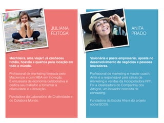 JULIANA
FEITOSA
Mochileira, ama viajar! Já conheceu
hotéis, hostels e quartos para locação em
todo o mundo.
Proﬁssional de marketing formada pelo
Mackenzie e com MBA em Inovação.
É entusiasta da economia colaborativa e
dedica seu trabalho a fomentar a
criatividade e a inovação.
Fundadora do Laboratório de Criatividade e
do Colabora Mundo.
ANITA
PRADO
Visionária e poeta empresarial, aposta no
desenvolvimento de negócios e pessoas
inovadoras.
Proﬁssional de marketing e master coach,
Anita é a responsável pela célula de
marketing e vendas da Incorporadora RPF.
Foi a idealizadora do Companhia dos
Amigos, um inovador conceito de
cohousing.
Fundadora da Escola Aha e do projeto
social ECO5.
 