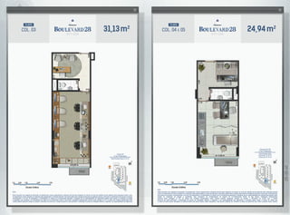 31,13m2
COL. 03
planta
Coluna 03
3º ao 7º Pavimento
Área Privativa Total: 31, 13 m2
Notas:
Planta ilustrativa com sugestão de decoração. Os acabamentos, móveis, equipamentos e divisórias não são parte integrante do contrato. As cotas são medidas de eixo podendo sofrer alterações durante a obra.
Os revestimentos a serem utilizados na construção estão especificados no memorial descritivo. Esta planta poderá sofrer variações decorrentes de exigências técnicas e estruturais, do atendimento das posturas municipais,
concessionárias e do local. Os evaporadores e condensadores do sistema de ar-condicionado (aquisição e instalação são de responsabilidade dos adquirentes) poderão sofrer ajustes ou mudanças de posição
e quantidade, caso necessário. Os condensadores do sistema de ar-condicionado ficarão na laje técnica. Instalações hidrossanitárias somente serão entregues no W.C. Os pilares das unidades representadas neste
material poderão apresentar variação de posição e dimensões de acordo com o projeto estrutural de cada pavimento. A distribuição de pontos de instalações elétricas e especiais é de responsabilidade dos adquirentes.
24,94m2
COL. 04 E 05
planta
Notas:
Planta ilustrativa com sugestão de decoração. Os acabamentos, móveis, equipamentos e divisórias não são parte integrante do contrato. As cotas são medidas de eixo podendo sofrer alterações durante
a obra. Os revestimentos a serem utilizados na construção estão especificados no memorial descritivo. Esta planta poderá sofrer variações decorrentes de exigências técnicas e estruturais, do atendimento
das posturas municipais, concessionárias e do local. Os evaporadores e condensadores do sistema de ar-condicionado (aquisição e instalação são de responsabilidade dos adquirentes) poderão sofrer
ajustes ou mudanças de posição e quantidade, caso necessário. Os condensadores do sistema de ar-condicionado ficarão na laje técnica. Instalações hidrossanitárias
somente serão entregues no W.C. Os pilares das unidades representadas neste material poderão apresentar variação de posição e dimensões de acordo com o projeto
estrutural de cada pavimento. A distribuição de pontos de instalações elétricas e especiais é de responsabilidade dos adquirentes. A presente planta ilustra a coluna 04, sendo que
a coluna 05 pode possuir alterações no posicionamento das portas, pilares, shafts, esquadrias e laje técnica, podendo ser conferida na planta de pavimento tipo inteiro constante nesse material.
Colunas 04 e 05
3º ao 7º Pavimento
Área Privativa Total
Coluna 04: 24, 94 m2
Coluna 05: 24, 70 m2
 