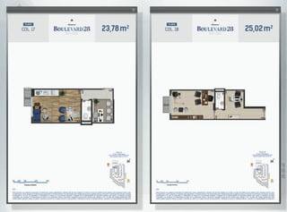 23,78m2
COL. 17
planta
Coluna 17
3º ao 7º Pavimento
Área Privativa Total: 23, 78 m2
Notas:
Planta ilustrativa com sugestão de decoração. Os acabamentos, móveis, equipamentos e divisórias não são parte integrante do contrato. As cotas são medidas de eixo podendo sofrer alterações durante a obra.
Os revestimentos a serem utilizados na construção estão especificados no memorial descritivo. Esta planta poderá sofrer variações decorrentes de exigências técnicas e estruturais, do atendimento das posturas municipais,
concessionárias e do local. Os evaporadores e condensadores do sistema de ar-condicionado (aquisição e instalação são de responsabilidade dos adquirentes) poderão sofrer ajustes ou mudanças de posição
e quantidade, caso necessário. Os condensadores do sistema de ar-condicionado ficarão na laje técnica. Instalações hidrossanitárias somente serão entregues no W.C. Os pilares das unidades representadas neste
material poderão apresentar variação de posição e dimensões de acordo com o projeto estrutural de cada pavimento. A distribuição de pontos de instalações elétricas e especiais é de responsabilidade dos adquirentes.
25,02m2
COL. 18
planta
Coluna 18
3º ao 7º Pavimento
Área Privativa Total: 25, 02 m2
Notas:
Planta ilustrativa com sugestão de decoração. Os acabamentos, móveis, equipamentos e divisórias não são parte integrante do contrato. As cotas são medidas de eixo podendo sofrer alterações durante a obra.
Os revestimentos a serem utilizados na construção estão especificados no memorial descritivo. Esta planta poderá sofrer variações decorrentes de exigências técnicas e estruturais, do atendimento das posturas municipais,
concessionárias e do local. Os evaporadores e condensadores do sistema de ar-condicionado (aquisição e instalação são de responsabilidade dos adquirentes) poderão sofrer ajustes ou mudanças de posição
e quantidade, caso necessário. Os condensadores do sistema de ar-condicionado ficarão na laje técnica. Instalações hidrossanitárias somente serão entregues no W.C. Os pilares das unidades representadas neste
material poderão apresentar variação de posição e dimensões de acordo com o projeto estrutural de cada pavimento. A distribuição de pontos de instalações elétricas e especiais é de responsabilidade dos adquirentes.
 