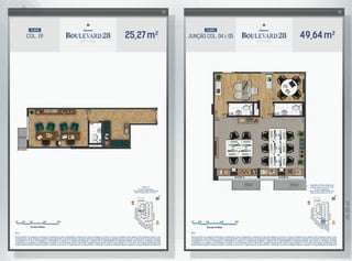 25,27m2
COL. 19
planta
Coluna 19
3º ao 7º Pavimento
Área Privativa Total: 25, 27 m2
Notas:
Planta ilustrativa com sugestão de decoração. Os acabamentos, móveis, equipamentos e divisórias não são parte integrante do contrato. As cotas são medidas de eixo podendo sofrer alterações durante a obra.
Os revestimentos a serem utilizados na construção estão especificados no memorial descritivo. Esta planta poderá sofrer variações decorrentes de exigências técnicas e estruturais, do atendimento das posturas municipais,
concessionárias e do local. Os evaporadores e condensadores do sistema de ar-condicionado (aquisição e instalação são de responsabilidade dos adquirentes) poderão sofrer ajustes ou mudanças de posição
e quantidade, caso necessário. Os condensadores do sistema de ar-condicionado ficarão na laje técnica. Instalações hidrossanitárias somente serão entregues no W.C. Os pilares das unidades representadas neste
material poderão apresentar variação de posição e dimensões de acordo com o projeto estrutural de cada pavimento. A distribuição de pontos de instalações elétricas e especiais é de responsabilidade dos adquirentes.
49,64m2
junção COL. 04 e 05
planta
Notas:
Planta ilustrativa com sugestão de decoração. Os acabamentos, móveis, equipamentos e divisórias não são parte integrante do contrato. As cotas são medidas de eixo podendo sofrer alterações durante a obra.
Os revestimentos a serem utilizados na construção estão especificados no memorial descritivo. Esta planta poderá sofrer variações decorrentes de exigências técnicas e estruturais, do atendimento das posturas municipais,
concessionárias e do local. Os evaporadores e condensadores do sistema de ar-condicionado (aquisição e instalação são de responsabilidade dos adquirentes) poderão sofrer ajustes ou mudanças de posição
e quantidade, caso necessário. Os condensadores do sistema de ar-condicionado ficarão na laje técnica. Instalações hidrossanitárias somente serão entregues no W.C. Os pilares das unidades representadas neste
material poderão apresentar variação de posição e dimensões de acordo com o projeto estrutural de cada pavimento. A distribuição de pontos de instalações elétricas e especiais é de responsabilidade dos adquirentes.
Junção das Colunas 04 e 05
3º ao 7º Pavimento
Área Privativa Total: 49, 64 m2
Sugestão de Decoração para
 