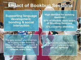 scottishbooktrust.com
Supporting language
development,
bonding & social
interaction
High demand for existing
sessions
85% of families were aware
of Bookbug Sessions
32% currently attending
“He gets excited when I tell him
he is going to the Bookbug
Session. If I give him a choice, it
would be Bookbug he would
choose, every time.”
“She likes the interaction with
other kids […] she just loves it,
she just lights up”
Impact of Bookbug Sessions
 