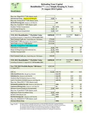 “ 
Buy-ins 30apr2014 *100 shares each 
Sherritt Int’l Corp. .(StopLoss sold 08aug14) 4.00 S $4 $4 
Buy-ins 31may2014 *100 shares each 
Birchcliff Energy Ltd. (StopLoss sold 08jul14) BIR $10 $10 
Buy-ins 31jul2014 *100 shares each 
Acadian Timber Corporation 14 ADN $13 $13 
Just Energy Group Inc. 6.46 JE $8 $6 
Sprott Resource Corporation 3.28 SCP $3 $3 
TSX 2012 BookBuilder TM Portfolio Value 
(including dividends) 31 August2014) / 30 November 2012 
Page 7 of 9 
Defending Your Capital 
BookBuilder™ is about Simply Keeping It, Yours 
31 August 2014 Update 
10098.00 /6391.00 Gain 21.0 
August 2014 © Copyright StockTakers Limited, All Rights Reserved. Copying Prohibited. 
The author does not provide investment advice. In order to use reproduce or convey the material herein, 
in any way, written agreement must be obtained from the author or its agent Architypes Inc. 
StockTakers Limited is an Alberta corporation providing information on “likeables” equities. 
StockTakers Limited encourages your seeking tax law advisor for capital gains tax dispositions. 
months 
58.01 % 
Net Current Cash after 31jul14 Buy-ins *100 shares 279.00 
Net Cash * 100 (after stoploss sale un August) 1836.00 
Net Cash for Buy-ins *100 shares 2115.00 
Buy-ins 31aug2014 *100 shares each 
Extendicare Incorporated 8.58 EXE $8 $8 
Major Drilling Group International Inc. 8.16 MDI $8 $7 
Tembec Incorporated 3.37 TMB $3 $3 
Net Current Cash after 31jul14 Buy-ins *100 shares 104.00 
TSX 2012 BookBuilder TM Portfolio Value 
(including dividends) 31 August2014) / 30 November 2012 
10098.00 /6391.00 Gain 21.0 
months 
58.01 % 
New TSX 2013 Portfolio Buyins *100 shares 
31 August 2013 
6282.00 
CAE Inc. 13.44 CAE:TO $13 $13 
CML HealthCare Inc. (Bought by LifeLabs) CLC.TO 
Celestica Inc. (StopLoss sold 24jul14) CLS.TO $12 $11 
Hudsons Bay Company ($topLoss 27dec) HBC.TO $18 $15 
Leon's Furniture Limited (StopLoss sold 30apr14) LNF.TO $14 $14 
Buy-ins 30nov2013 *100 shares each 
Ainsworth Lumber Co. Ltd. (StopLoss sold 10mar14) ANS $3 $2 
Capstone Mining Corp. (StopLoss sold 29jan14) CS $3 $2 
Western Forest Products Incorporated 2.46 WEF $2 $2 
Buy-ins 31jan2014 *100 shares each 
Algonquin Power & Utilities Corp. 9.05 AQN $7 $8 
Bankers Petroleum Ltd. 6.6 BNK $4 $5 
NuVista Energy Ltd. (StopLoss sold 31jul14) NVA $7 $9 
Buy-ins 28feb2014 *100 shares each 
Denison Mines Corp. DML $1 $1 
 