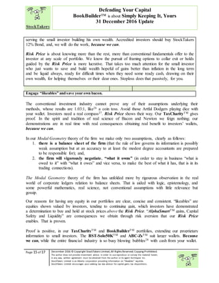 “
Page 15 of 17 December 2016 © Copyright StockTakers Limited,All Rights Reserved. Copying Prohibited.
The author does not provide investment advice. In order to use reproduce or convey the material herein,
in any way, written agreement must be obtained from the author or its agent Architypes Inc.
StockTakers Limited is an Alberta corporation providing information on “likeables” equities.
StockTakers Limited encourages your seeking tax law advisor for capital gains tax dispositions.
Defending Your Capital
BookBuilder™ is about Simply Keeping It, Yours
31 December 2016 Update
serving the small investor building his own wealth. Accredited investors should buy StockTakers
12% Bond, and, we will do the work, because we can.
Risk Price is about knowing more than the rest, more than conventional fundamentals offer to the
investor at any scale of portfolio. We know the pursuit of framing options to collar exit or holds
guided by the Risk Price is more lucrative. That takes too much attention for the small investor
who just wants to save and build wealth hopeful of gains better than inflation in the long term
and be liquid always, ready for difficult times when they need some ready cash, drawing on their
own wealth, for helping themselves or their dear ones. Stoploss does that passively, for you.
Engage “likeables” and save your own bacon.
The conventional investment industry cannot prove any of their assumptions underlying their
methods, whose results are 1.03:1, like26 a coin toss. Avoid those Artful Dodgers playing dice with
your wallet. Investors need a real compass27. Risk Price shows their way. Our TaxCharityTM gives
proof. In the spirit and tradition of real science of Bacon and Newton we feign nothing; our
demonstrations are in real time with real consequences obtaining real benefit to investors’ wallets,
because we can.
In our Modal Geometry theory of the firm we make only two assumptions, clearly as follows:
1. there is a balance sheet of the firm (that the rule of law governs its information is possibly
weak assumption but at an accuracy to at least the modest degree accountants are prepared
to be responsible for); and,
2. the firm will vigorously negotiate, “what it owns” (in order to stay in business “what is
owed to it” with “what it owes” and vice versa, to make the best of what it has, that is in its
trading connections).
The Modal Geometry theory of the firm has unfolded more by rigourous observation in the real
world of corporate ledgers relation to balance sheets. That is aided with logic, epistemology, and
some powerful mathematics, real science, not conventional assumptions with little relevance but
gossip.
Our reasons for having any equity in our portfolios are clear, concise and consistent. “likeables” are
equities shown valued by investors, tending to continuing gain, which investors have demonstrated
a determination to buy and hold at stock prices above the Risk Price. “AlphaSmartTM gains, Capital
Safety and Liquidity” are consequences we obtain through risk aversion that our Risk Price
enables. That is proven.
Proof is positive, in our TaxCharityTM and BookBuilderTM portfolios, extending our proprietary
information to small investors. The BST-Solo50KTM and ABC-ZsTM suit larger wallets. Because
we can, while the entire financial industry is so busy blowing bubbles28 with cash from your wallet.
 