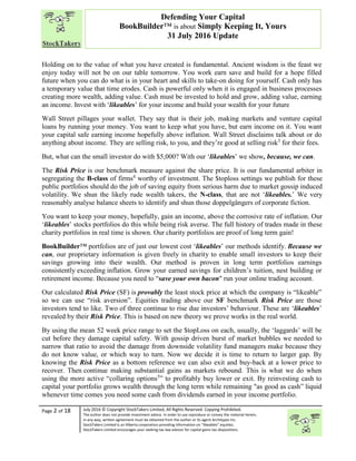 “
Page 2 of 18 July 2016 © Copyright StockTakers Limited, All Rights Reserved. Copying Prohibited.
The author does not provide investment advice. In order to use reproduce or convey the material herein,
in any way, written agreement must be obtained from the author or its agent Architypes Inc.
StockTakers Limited is an Alberta corporation providing information on “likeables” equities.
StockTakers Limited encourages your seeking tax law advisor for capital gains tax dispositions.
Defending Your Capital
BookBuilder™ is about Simply Keeping It, Yours
31 July 2016 Update
Holding on to the value of what you have created is fundamental. Ancient wisdom is the feast we
enjoy today will not be on our table tomorrow. You work earn save and build for a hope filled
future when you can do what is in your heart and skills to take-on doing for yourself. Cash only has
a temporary value that time erodes. Cash is powerful only when it is engaged in business processes
creating more wealth, adding value. Cash must be invested to hold and grow, adding value, earning
an income. Invest with ‘likeables’ for your income and build your wealth for your future
Wall Street pillages your wallet. They say that is their job, making markets and venture capital
loans by running your money. You want to keep what you have, but earn income on it. You want
your capital safe earning income hopefully above inflation. Wall Street disclaims talk about or do
anything about income. They are selling risk, to you, and they’re good at selling risk3
for their fees.
But, what can the small investor do with $5,000? With our ‘likeables’ we show, because, we can.
The Risk Price is our benchmark measure against the share price. It is our fundamental arbiter in
segregating the B-class of firms4
worthy of investment. The $toploss settings we publish for these
public portfolios should do the job of saving equity from serious harm due to market gossip induced
volatility. We shun the likely rude wealth takers, the N-class, that are not ‘likeables.’ We very
reasonably analyse balance sheets to identify and shun those doppelgängers of corporate fiction.
You want to keep your money, hopefully, gain an income, above the corrosive rate of inflation. Our
‘likeables’ stocks portfolios do this while being risk averse. The full history of trades made in these
charity portfolios in real time is shown. Our charity portfolios are proof of long term gain!
BookBuilder™ portfolios are of just our lowest cost ‘likeables’ our methods identify. Because we
can, our proprietary information is given freely in charity to enable small investors to keep their
savings growing into their wealth. Our method is proven in long term portfolios earnings
consistently exceeding inflation. Grow your earned savings for children’s tuition, nest building or
retirement income. Because you need to “save your own bacon" run your online trading account.
Our calculated Risk Price (SF) is provably the least stock price at which the company is “likeable”
so we can use “risk aversion”. Equities trading above our SF benchmark Risk Price are those
investors tend to like. Two of three continue to rise due investors’ behaviour. These are ‘likeables’
revealed by their Risk Price. This is based on new theory we prove works in the real world.
By using the mean 52 week price range to set the $topLoss on each, usually, the ‘laggards’ will be
cut before they damage capital safety. With gossip driven burst of market bubbles we needed to
narrow that ratio to avoid the damage from downside volatility fund managers make because they
do not know value, or which way to turn. Now we decide it is time to return to larger gap. By
knowing the Risk Price as a bottom reference we can also exit and buy-back at a lower price to
recover. Then continue making substantial gains as markets rebound. This is what we do when
using the more active “collaring options5
” to profitably buy lower or exit. By reinvesting cash to
capital your portfolio grows wealth through the long term while remaining "as good as cash” liquid
whenever time comes you need some cash from dividends earned in your income portfolio.
 