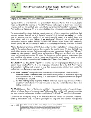“
Page 14 of 15 June 2015 © Copyright StockTakers Limited, All Rights Reserved. Copying Prohibited.
The author does not provide investment advice. In order to use reproduce or convey the material herein,
in any way, written agreement must be obtained from the author or its agent Architypes Inc.
StockTakers Limited is an Alberta corporation providing information on “likeables” equities.
StockTakers Limited encourages your seeking tax law advisor for capital gains tax dispositions.
Defend Your Capital, from Dick Turpin - TaxCharityTM
Update
15 June 2015
loosen $toploss values to recover, but rebuild for gain when calmer markets return.
Engage in “likeables” save your own bacon. Because we can, you can
Equities that tend to hold their value and gain are better than cash. We like Risk Aversion, Capital
Safety and Liquidity by investing in “likeables” because we have proven that works, consistently
obtaining both low risk and high gain. Market behaviour prefers the “likeables” trading above Risk
Price and bids up their price. We have proven that behaviour exists as a tendency of all markets.
The conventional investment industry cannot prove any of their assumptions underlying their
supposed methods they sell you as if theirs is “expertise”. It is just their mysticism13
as circular
logic is a spinning topic. Any tautology is just repetition until it appears to be logical. As we have
shown all they trade in is luck, 1.03 to 1 is just a coin-toss14
. They really are just rolling dice and
tossing cards with your nickels. Your pocket is not their restraint, rather, they see their opportunity
for their gaming. Do not give them your pocket-book on empty promises they have never delivered.
What is the alternative to those Artful Dodgers so busy just blowing bubbles15
with cash from your
wallet16
? We are that alternative, as we show, even for the small investor. We shun the likely rude
wealth takers among corporate fiction doppelgängers under management that are not “likeables”
because we can reasonably identify those and shun them. They are overvalued, more on price
gossip market manipulations than fair value. Our investment method is proven by consistent long
term portfolios gains shown by these charity portfolios suiting small investors using stop-loss
settings and others like long running ABCs-to-Zs and BST-BlackSwanTradingTM
.
BookBuilder™ and TaxCharityTM
portfolios comprise our lowest price point "likeables" we can
identify based on RiskPriceTM
. It is our proprietary information driven by Risk PriceTM
given
freely in charity enabling small investors to keep their savings growing into their own wealth. Our
method is proven. Because we can, you can17
.
In our Modal Geometry18
theory of the firm we make only two assumptions, clearly as follows:
1. there is a balance sheet of the firm (that the rule of law governs its information is possibly
weak assumption but at an accuracy to at least the modest degree accountants are prepared
to be responsible for); and,
2. the firm will vigorously negotiate, “what it owns” (in order to stay in business “what is
owed to it” with “what it owes” and vice versa, to make the best of what it has, that is in its
trading connections).
The Modal Geometry theory of the firm has unfolded by rigourous observation of corporate ledgers
relation to balance sheets as business process19
adds value. That is aided with logic, epistemology,
and some powerful mathematics. You have proof in these TaxCharityTM
portfolios performances.
Our reasons for having any equity in our portfolios are clear, concise and consistent. “likeables”
tendency demonstrates 2 of 3 “likeables” gaining for the long term. This we show proof positive,
 