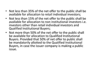 • Not less than 35% of the net offer to the public shall be
available for allocation to retail individual investors;
• Not less than 15% of the net offer to the public shall be
available for allocation to non institutional investors i.e.
investors other than retail individual investors and
Qualified Institutional Buyers;
• Not more than 50% of the net offer to the public shall
be available for allocation to Qualified Institutional
Buyers. Provided that 50% of net offer to public shall
be mandatorily allotted to the Qualified Institutional
Buyers, in case the issuer company is making a public
issue.
 