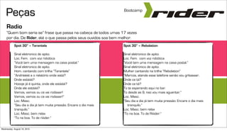 Peças                                                           Bootcamp


    Radio
    “Quem bom seria se” frase que passa na cabeça de todos umas 17 vezes
    por dia. De Rider, até o que passa pelos seus ouvidos soa bem melhor.
           Spot 30” – Tarantela                                     Spot 30” – Rebolation

           Sinal eletronico de apito.                               Sinal eletronico de apito.
           Loc. Fem. com voz robótica                               Loc. Fem. com voz robótica
           “Você tem uma mensagem na caixa postal.”                 “Você tem uma mensagem na caixa postal.”
           Sinal eletronico de apito.                               Sinal eletronico de apito.
           Hom. cantando com trilha “Tarantela”                     Mulher cantando na trilha “Rebolation”
           “Andréééé e o relatório onde está?                       “Marcos, atende esse telefone senão vou gritaaaar.
           Onde estááá?                                             Onde ce tá?
           Hoooje já é quinta, onde ele estááá?                     Onde ce tá?
           Onde ele estááá?                                         To te esperando aqui no bar.
           Vamos, vamos ou ce vai rodaaar!                          To desde as 9, nao vou mais aguentar.”
           Vamos, vamos ou ce vai rodaaar!”                         Loc. Masc.
           Loc. Masc.                                               “Seu dia a dia já tem muita pressão. Encare o dia mais
           “Seu dia a dia já tem muita pressão. Encare o dia mais      tranquilo.”
           tranquilo.”                                              Loc. Masc. bem relax
           Loc. Masc. bem relax                                     “To na boa. To de Riiiider.”
           “To na boa. To de riiiider.”


Wednesday, August 18, 2010
 