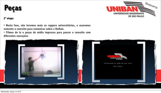 Boo

    Peças
                                                                                tcam
                                                                                    p


   2ª etapa

   • Nesta fase, não teremos mais os rappers universitários, e usaremos
   somente o conceito para comunicar sobre a Uniban.
   • Filmes de tv e peças de mídia impressa para passar o conceito com
   diferentes execuções




Wednesday, August 18, 2010
 