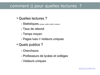 comment || pour quelles lectures ? Quelles lectures ? - Statistiques,  lycées, public cultivé, moteurs - Taux de rebond - Temps moyen - Pages lues // visiteurs uniques Quels publics ? - Chercheurs - Professeurs de lycées et collèges - Visiteurs uniques BOOKCAMP#4 
