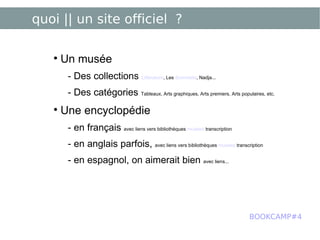 quoi || un site officiel ? Un musée - Des collections  Littérature , Les  Sommeils , Nadja... - Des catégories  Tableaux, Arts graphiques, Arts premiers, Arts populaires, etc. Une encyclopédie - en français  avec liens vers bibliothèques  musées  transcription - en anglais parfois,  avec liens vers bibliothèques  musées  transcription   - en espagnol, on aimerait bien  avec liens... BOOKCAMP#4 