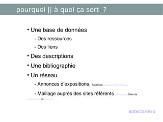 pourquoi || à quoi ça sert ? Une base de données - Des ressources - Des liens  Des descriptions Une bibliographie Un réseau  - Annonces d’expositions,  Facebook,  page ,  profil ,  Twitter ... - Maillage auprès des sites référents   Wikipedia , Sites de  professeurs  de  français BOOKCAMP#4 