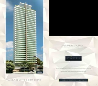4 S U Í T ES CO M 2 2 2 M ,                                         2


                                                             VA R A N DA G O U R M E T E L A Z E R S E M I G UA L .




                                                  Em estilo contemporâneo, o Capri surpreende pela beleza e harmonia de suas formas. A presença de elementos em
                                                estrutura metálica e o uso de materiais de alto padrão no revestimento, como vidro verde, pastilhas e madeira, conferem
                                                                 sofisticação ao prédio, que traz a assinatura do renomado arquiteto Sidney Quintela.
    Imagem Ilustrativa
                                      Fachada




      Lu xo, r eq u i n t e e b o m g osto.                      4 vagas e depósito na garagem.


6                                                                                                                                                                         7
 