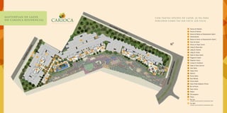 Acesso de Pedestres
Acesso de Veículos
Acesso de Veículos ao Estacionamento Coberto
Estacionamento
Rampa de Acesso ao Estacionamento Coberto
Praça de Acesso
Acesso ao Parque Carioca
Lobby Ed. Bossa Nova
Lobby Ed. Chorinho
Lobby Ed. Samba
Salão de Festas Infantil
Playground Coberto
Parquinho Carioca
Lounge de Convivência
Salão de Festas Gourmet
Estar Adulto
Espaço Arena
Solarium
Piscina Adulto
Deck Molhado
Piscina Infantil
Sauna Úmida Integrada à Piscina
Bar da Piscina
Praça Carioca
Redário
Churrasqueiras
Fitness
Pet Care
Localizado no primeiro pavimento do estacionamento coberto
Car Wash
Localizado no primeiro pavimento do estacionamento coberto
1
6
11
16
25
2
7
12
17
21
26
3
8
13
18
22
27
28
29
4
9
14
19
23
5
10
15
20
24
C om tanta S op ç õ es de l azer , j á d á para
perce ber como vai ser fá ci l ser fe l iz .
masterplan de lazer
do carioca residencial
1
2
3
4
1
28
29
10
27
10
24
23
20
18
21
1922
25
20
14
9
17
16
15
9 14
4
5
14
8
13
12
11
4
8
6
7
26
 