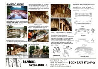 •BAMBOO BRIDGE
•ARCHITECTS: ASF-ID
•LOCATION: SOLO,CENTRAL JAVA, INDONESIA
•ARCHITECTSIN CHARGE: ANDREA FITRIANTO,
KLAUS DENGEN,SISCAPRAMUDYA
•YEAR: 2017
• CONNECTINGTHE PASAR GEDE MARKET AND
COLONIAL DUTCH VASTENBURGFORT,
THE 18 METER BAMBOO STRUCTURE OFFERS
REVITALIZATION OF RIVER LIFE IN INDONESIA.
• SPANNING ACROSS THE KALI PEPE RIVER, ITS
TRACK VARIES IN WIDTH FROM 1.8 TO 2.3 M.
INTARNAL VIEW
• ASSEMBLED IN A PARKING LOT, THE MAIN
ARCHES OF THE BRIDGE ARE A RESULT OF
LARGE BAMBOO POLES CUT AT REGULAR
INTERVALS AND SECURED TOGETHER WITH
GALVANIZED STEEL BOLTS.
• TO PROLONG THE LONGETIVITY OF BRIDGE,
FLOOR IS MADE OF R.C.C. AND ROOF HAS
EAVES TO PROTECT PEST-TREATED BAMBOO.
• MOBILE CRANES WERE USED TO PLACE THEM
ON THE FOUNDATION
ISOMETRIC VIEW
ELEVATION
SECTION
PLAN
JOINARY DETAIL
• VERTICAL SUPPORTS AT REGULAR INTERVALS
ACCOMPANY THE ARCHES TO PROVIDE EXTRA
SUPPORT TO THE ROOF STRUCTURE.
• A MAIN GOAL OF ARCHITECTSWAS TO EXEMPLIFY
CONSTRUCTIVE POSSIBLITIES OF PLANT,KNOWN
FOR ITS TENSILE STRENGTH AND FLEXIBILITY.
• IN INDONESIA,BAMBOOIS MOST OF CONSIDERED
AS A SECONDARYCONSTRUCTIONMATERIAL.
• PETUNG IS THE SPECIES OF BAMBOO,WHICH IS
USED IN BRIDGE.
• DISCRIPTION FROM ARCHITECTS:INCONTEXT
OF PROMOTING BAMBOO AS A PROMISING
MATERIAL FOR THE FUTURE,THE BRIDGE IS
SHOWCASING THE VALUE OFMATERIAL FOR A
PUBLIC FACILITY WITHIN CITIES
 