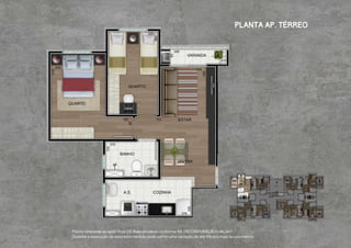 Planta referente ao apto. final 03. Área privativa conforme NB (INCORPORAÇÃO)=46,3m2.
Durante a execução da obra esta medida pode sofrer uma variação de até 5% pra mais ou pra menos.
planta ap. térreo
 