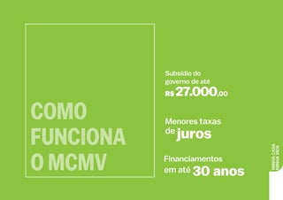 MINHACASA
MINHAVIDA
Menores taxas
de
juros
Subsídio do
governo de até
R$ 27.000,00
Financiamentos
em até 30 anos
COMO
FUNCIONA
O MCMV
 